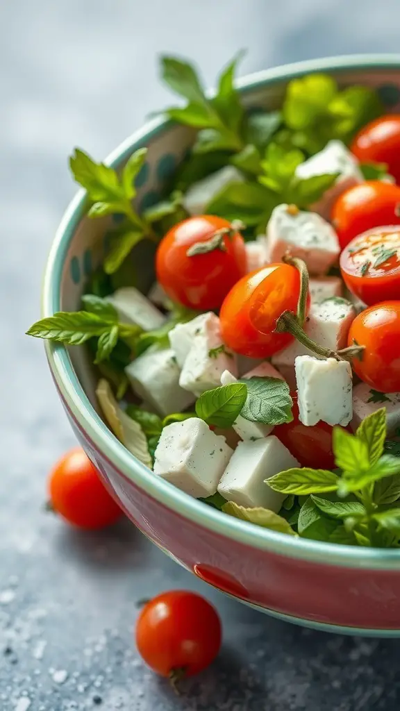 A bowl of fresh herb and feta salad with cherry tomatoes and greens