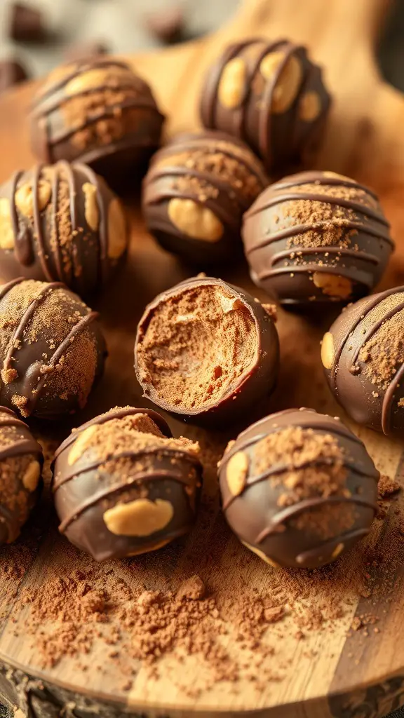 Peanut Butter Chocolate Energy Bites on a wooden platter