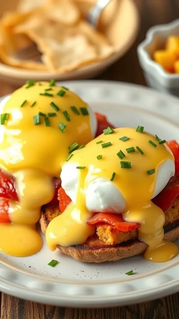 A plate of Eggs Benedict featuring poached eggs, Canadian bacon, and hollandaise sauce on toasted English muffins, garnished with chives.