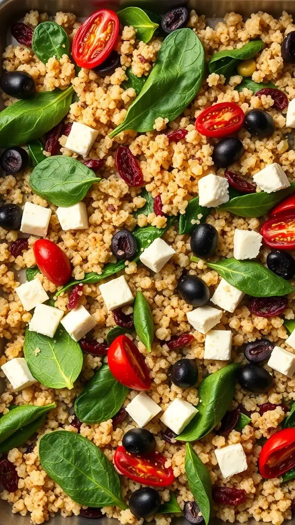 A colorful Mediterranean quinoa bake with spinach, cherry tomatoes, olives, and feta cheese.