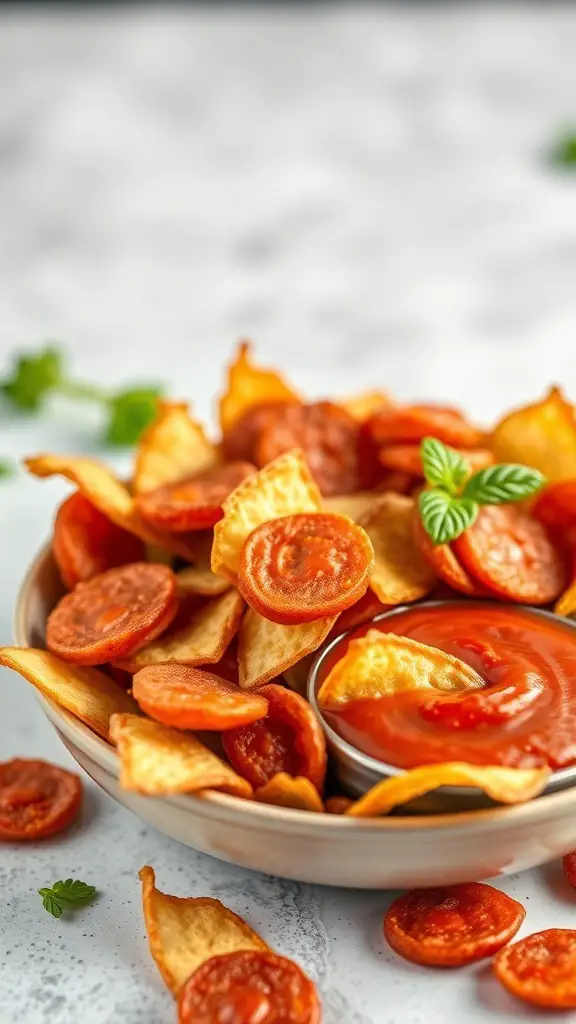 A bowl of crispy pepperoni chips with a side of marinara sauce.