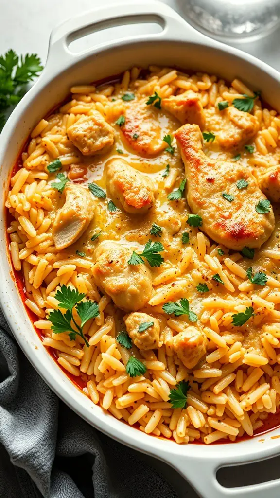 A creamy chicken and rice casserole topped with fresh herbs.