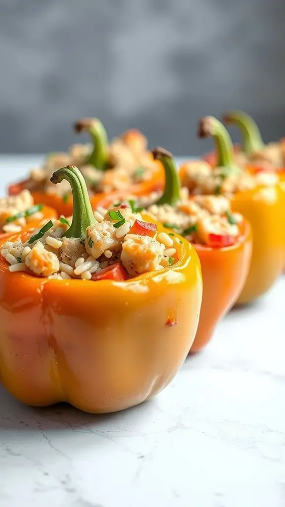Yellow bell peppers stuffed with salmon and rice mixture