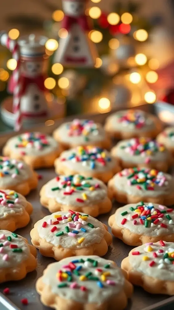 A tray of classic sugar cookies with colorful sprinkles, set against a festive background with holiday decorations.