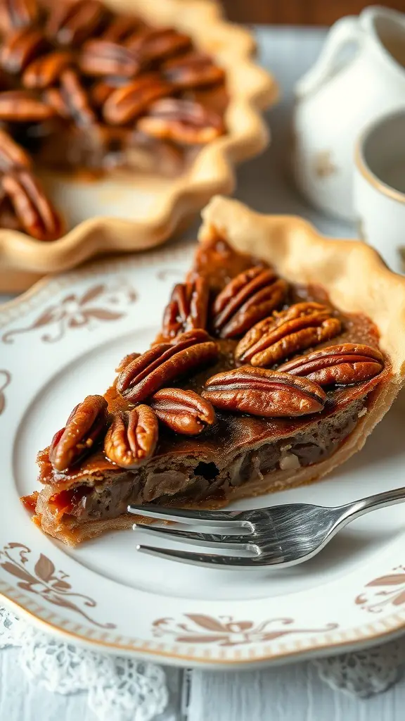A slice of buttermilk pecan pie on a plate, showcasing the rich filling and pecan topping.