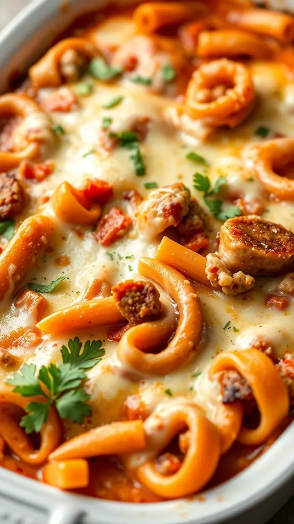 A delicious baked ziti dish with Italian sausage and melted cheese, garnished with fresh herbs.