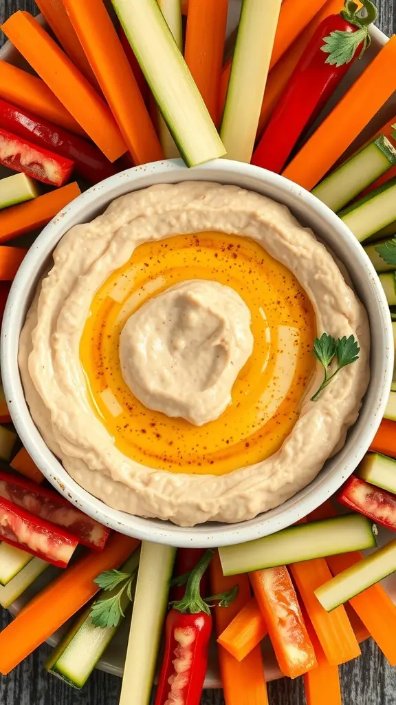 Bowl of chickpea hummus surrounded by colorful vegetable sticks
