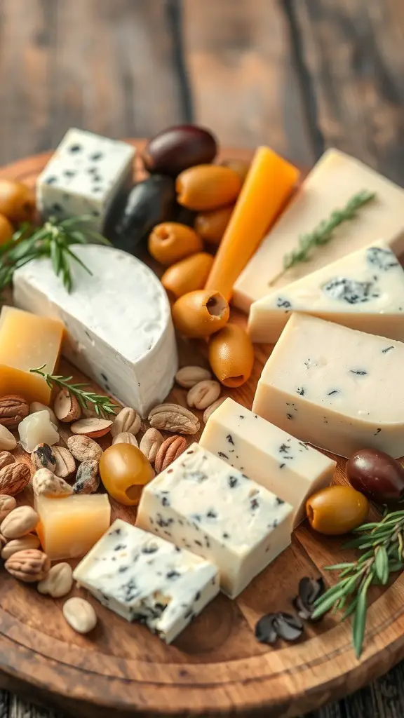 A variety of cheeses and olives arranged on a wooden platter.