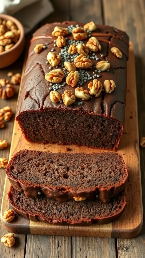 A loaf of chocolate banana bread topped with walnuts and seeds, sliced to show the rich interior.