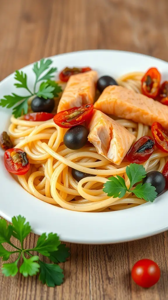 A plate of Mediterranean salmon pasta with spaghetti, salmon, cherry tomatoes, and black olives.