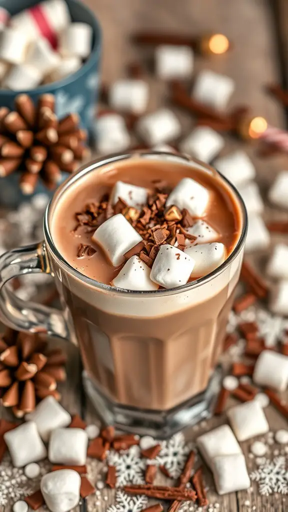 A glass of hot chocolate topped with marshmallows and chocolate shavings, surrounded by festive decorations.
