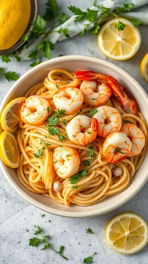 A bowl of lemon garlic shrimp pasta garnished with parsley and lemon slices.