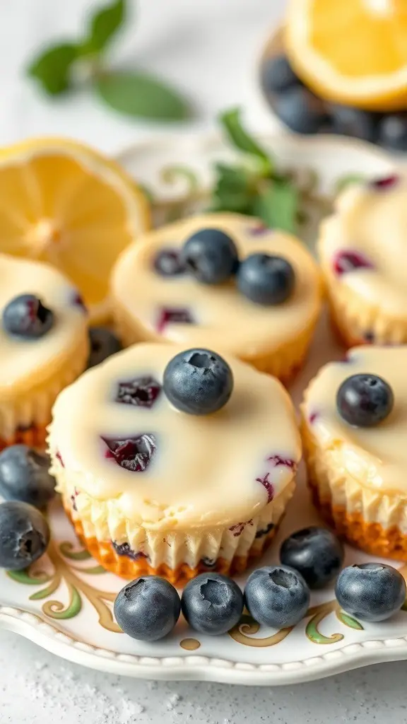 Lemon Blueberry Cheesecake Bites on a decorative plate with fresh blueberries and lemon slices