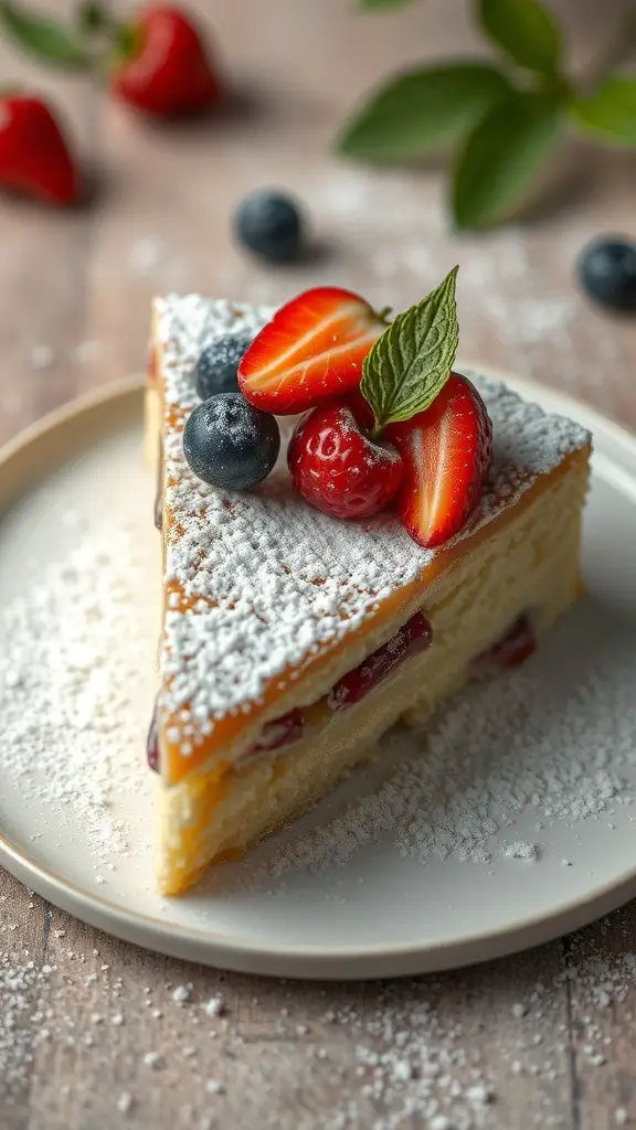 A slice of Zimowe Ciasto topped with strawberries and blueberries, dusted with powdered sugar.