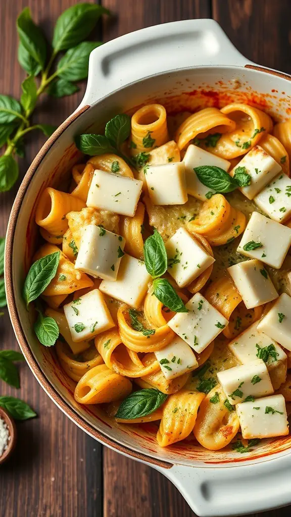 A delicious Pesto Chicken Pasta Bake with pasta, cheese, and fresh basil.