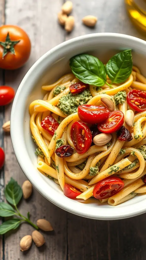 A bowl of pesto penne pasta with sun-dried tomatoes, garnished with fresh basil and nuts.