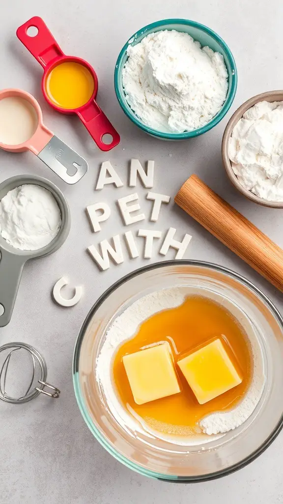 Ingredients for brown butter cookies including butter, flour, and eggs arranged on a countertop.