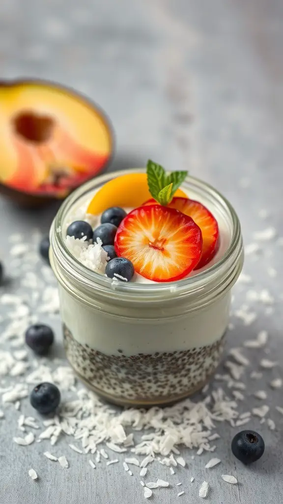 A jar of coconut chia seed pudding topped with fresh fruits and coconut flakes.
