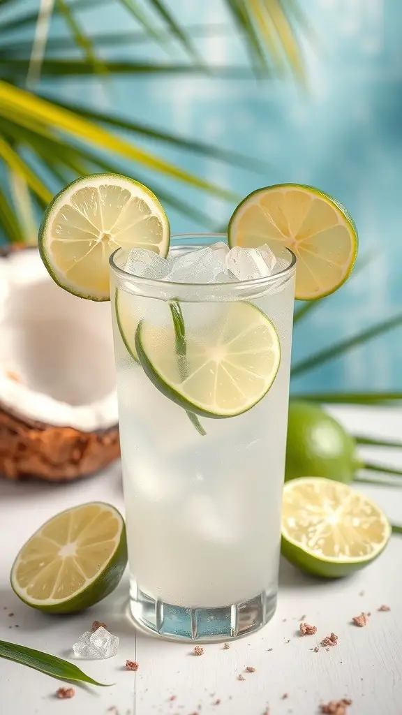 A refreshing glass of coconut water and lime drink with ice and lime slices
