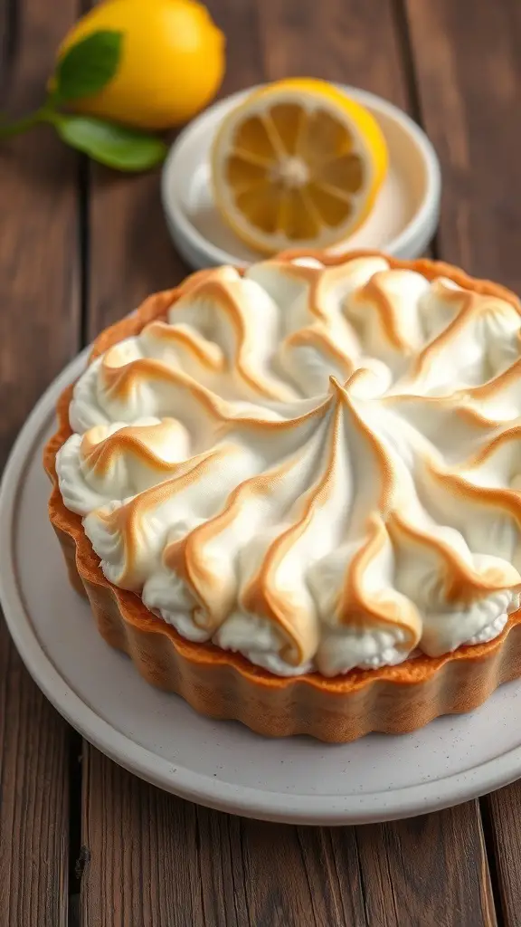 A classic lemon meringue pie with a golden-brown meringue topping, placed on a wooden table with a lemon and a sliced lemon in the background.