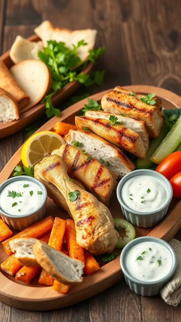 A platter of Greek Chicken Souvlaki with grilled chicken, fresh vegetables, and dipping sauce.