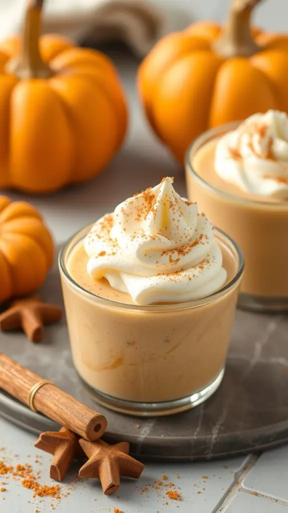 Pumpkin spice custard cups with whipped cream and cinnamon, surrounded by pumpkins and cinnamon sticks.