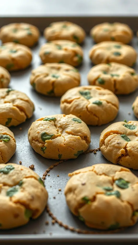 A tray of freshly baked banana zucchini cookies with green bits of zucchini visible.