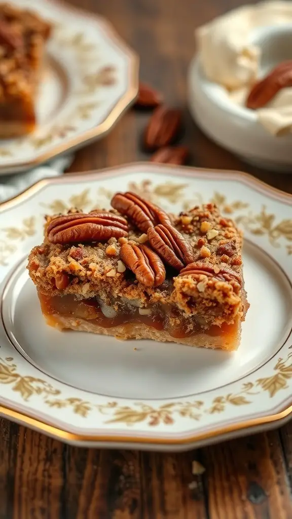 A close-up of a pecan pie bar topped with whole pecans on a decorative plate.
