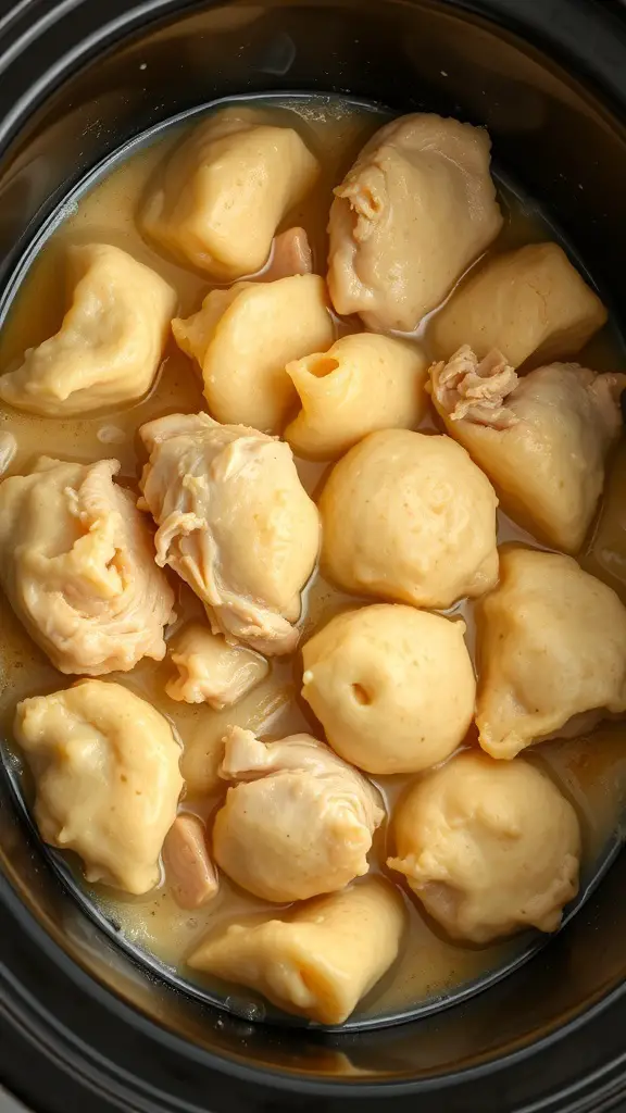 Crock pot chicken and dumplings with tender chicken and fluffy dumplings in a rich broth.
