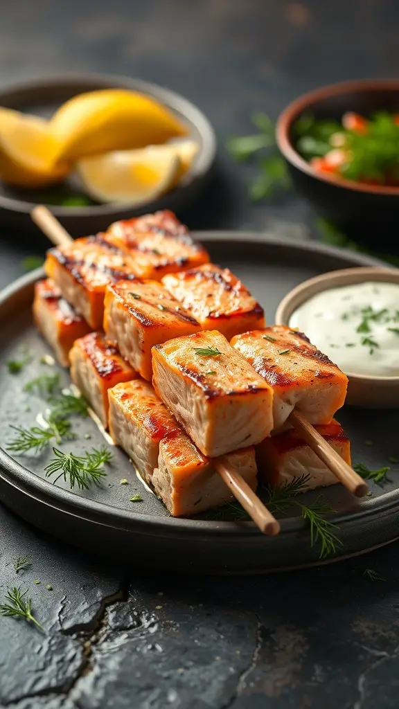 Grilled salmon skewers with garlic and dill, served with lemon wedges and a dipping sauce
