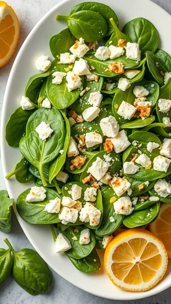 A fresh spinach and feta salad with lemon dressing on a white plate, garnished with lemon slices.