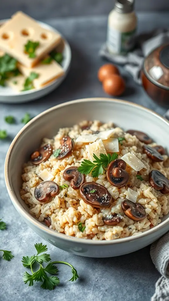 A bowl of creamy mushroom risotto topped with mushrooms and herbs, with cheese and eggs in the background.