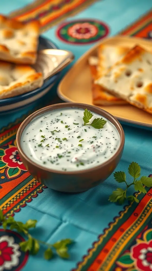 A bowl of tzatziki sauce with pita bread on a colorful tablecloth.