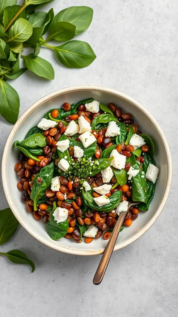 A bowl filled with lentils, fresh spinach, and crumbled feta cheese, garnished with herbs.