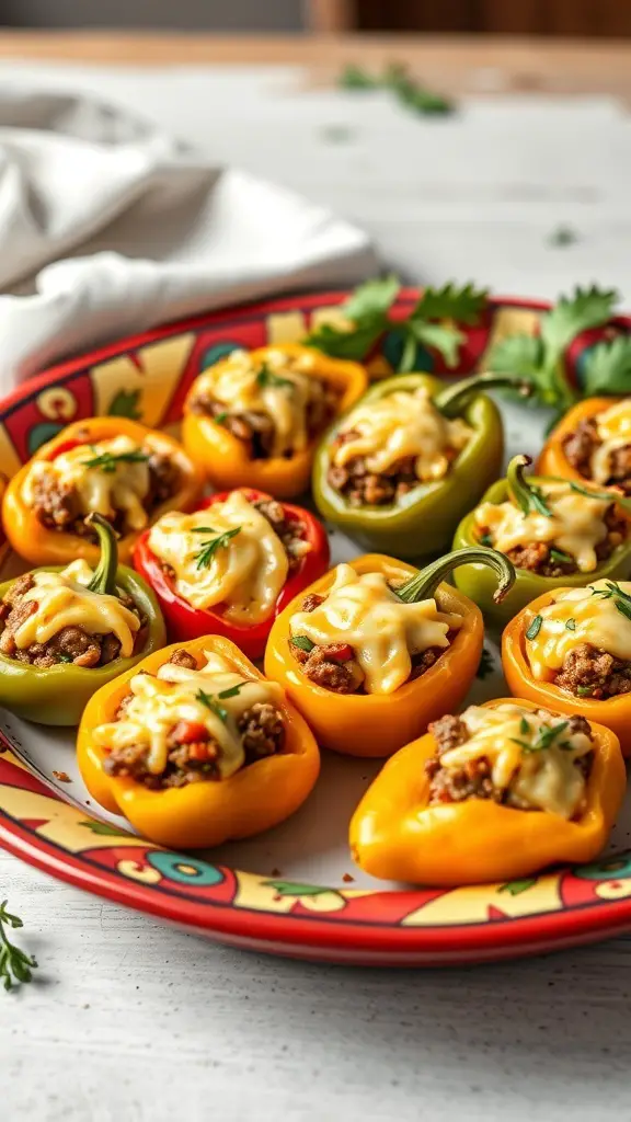 A plate of colorful beef and cheese stuffed peppers, freshly baked and garnished.