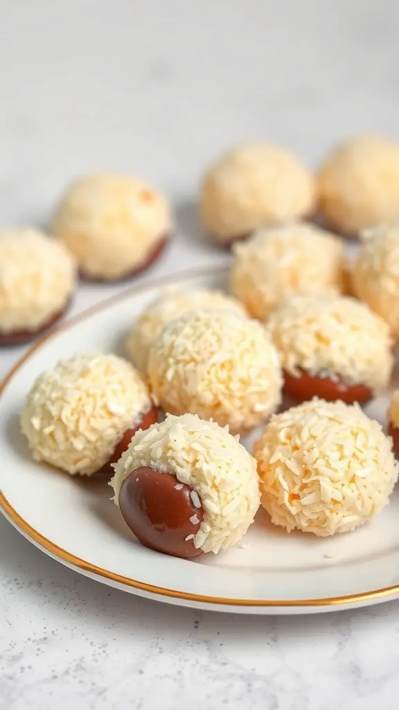 A plate of coconut macaroons, some with chocolate centers, showcasing their golden and chewy texture.