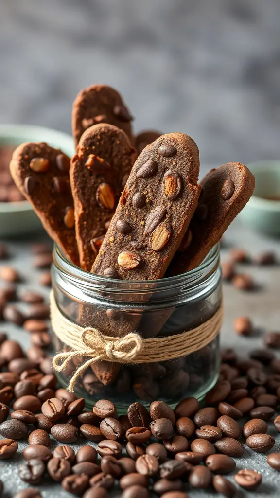 Chocolate Almond Biscotti in a jar with coffee beans