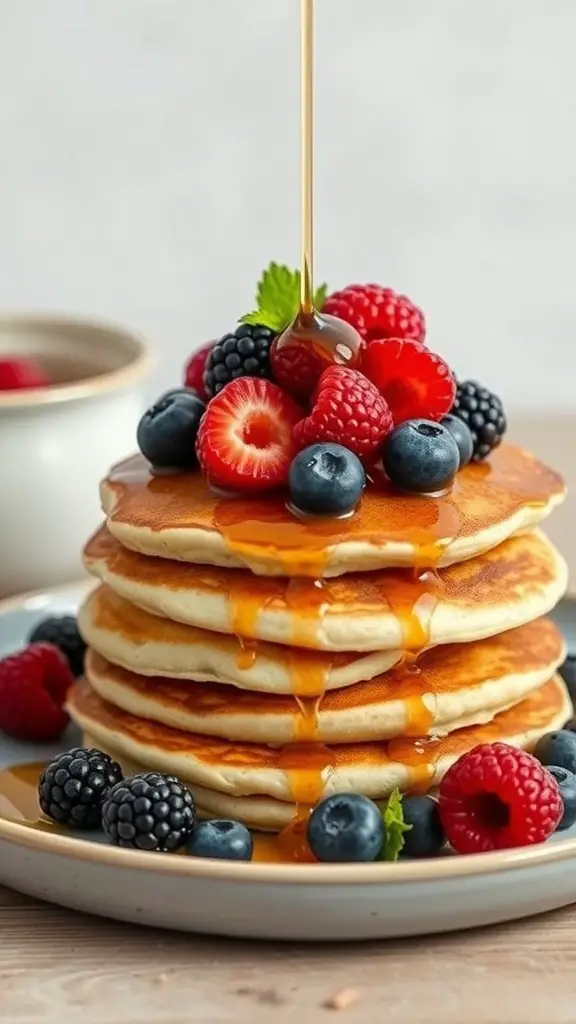 A stack of coconut flour pancakes topped with fresh berries and syrup.