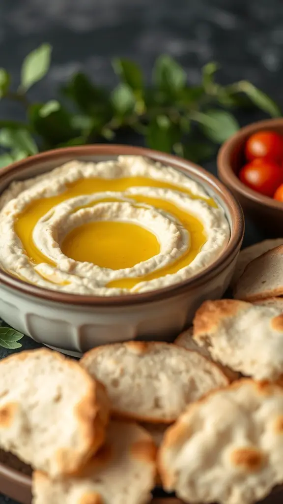 A bowl of garlic lemon hummus drizzled with olive oil, surrounded by pita bread slices.