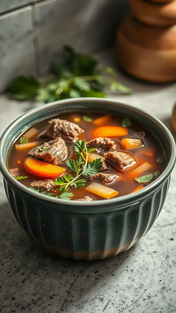 A bowl of rich beef bone broth with chunks of meat and colorful vegetables.