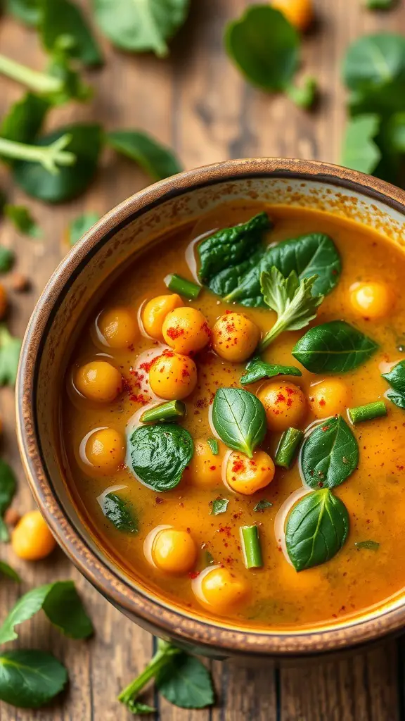 A bowl of chickpea and spinach soup garnished with fresh greens and spices.