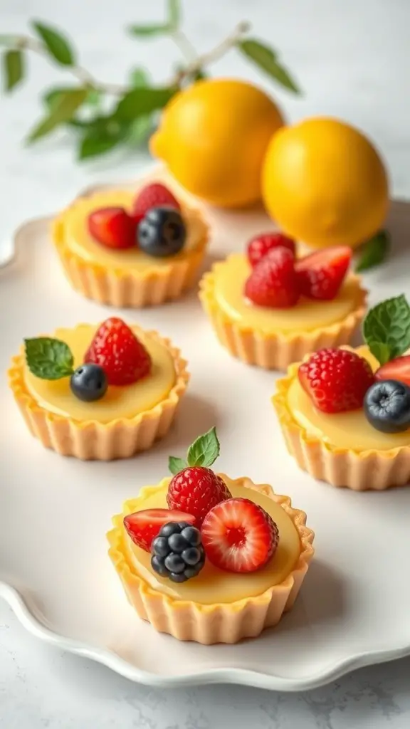 Five lemon curd tartlets topped with fresh berries on a white plate, with lemons in the background.