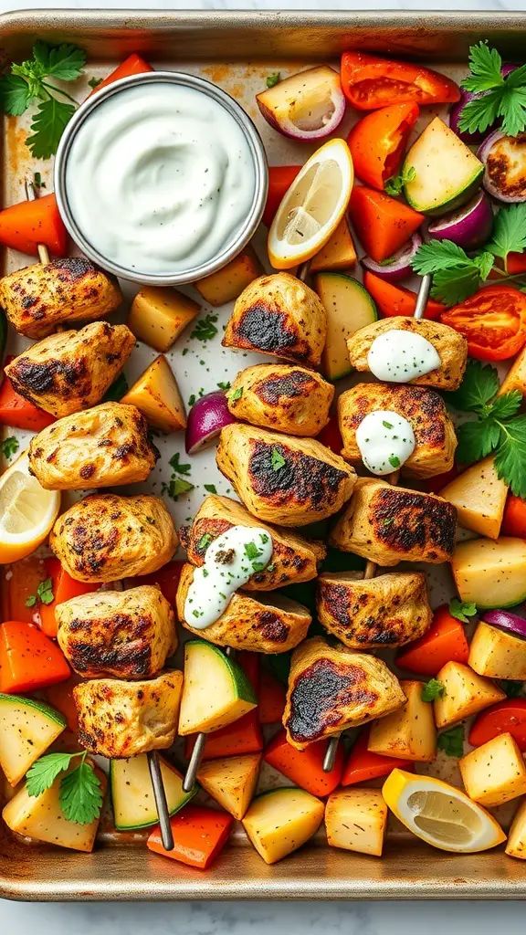 Grilled chicken skewers with tzatziki sauce and colorful roasted vegetables on a sheet pan.