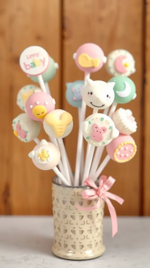 Colorful cake pops decorated for a baby shower