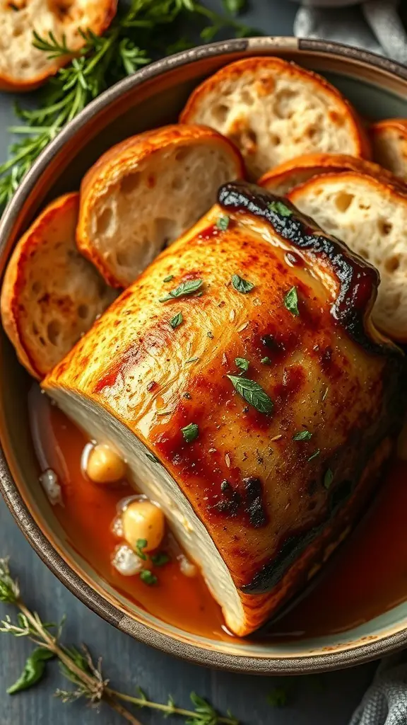 A bowl of roasted bone marrow with crispy toast and herbs.