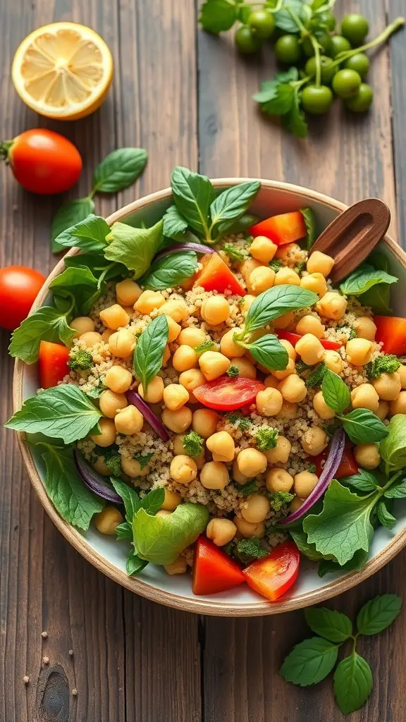 A bowl of Chickpea and Quinoa Salad with fresh vegetables and herbs