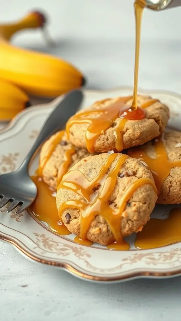 Plate of banana cookies drizzled with maple syrup, with bananas in the background