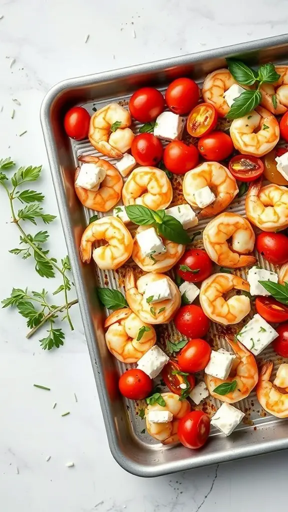 A sheet pan filled with shrimp, cherry tomatoes, and feta cheese, garnished with herbs.