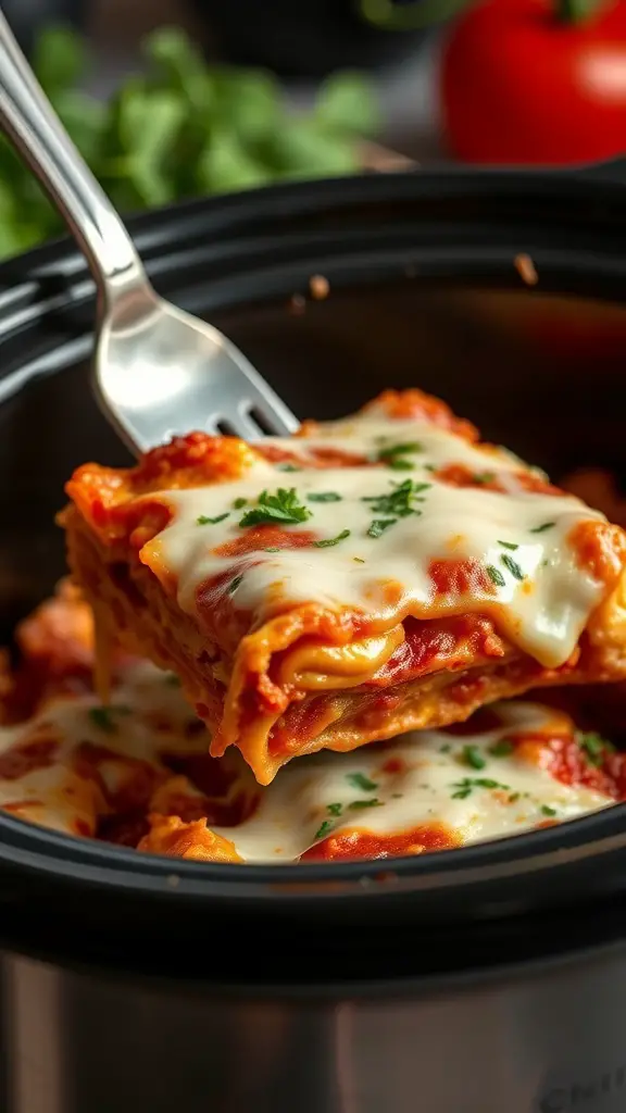 A fork lifting a slice of lasagna from a crockpot, showing layers of cheese and sauce.