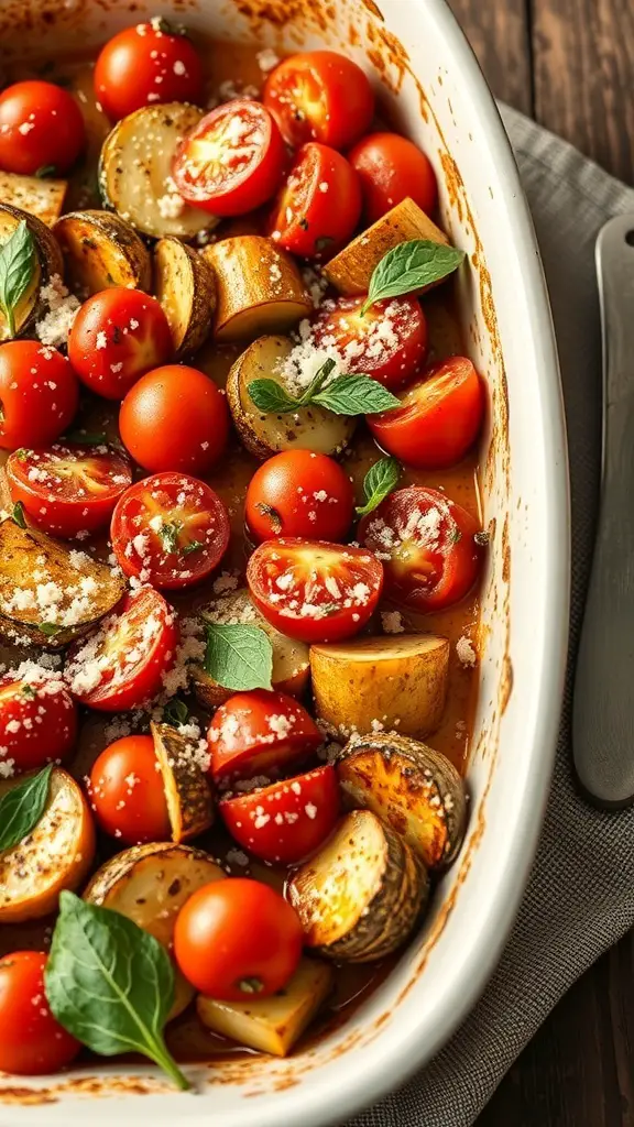 A delicious zucchini and tomato bake with fresh herbs and cheese.